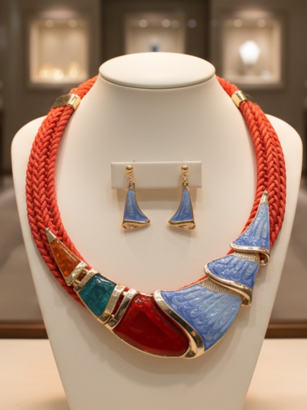 Womens Red‎ Multi-Strand Necklace and Earring Set